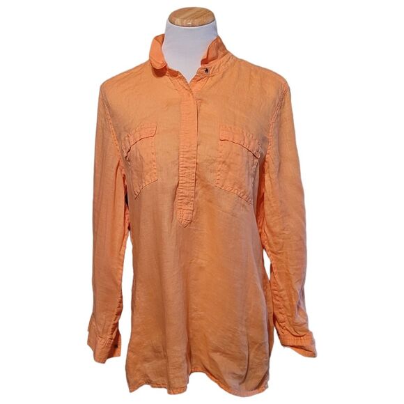 Chicos Shirt Snap Up Linen Shirt Orange Roll Tab Sleeve Chico's Size 2 - Picture 1 of 10